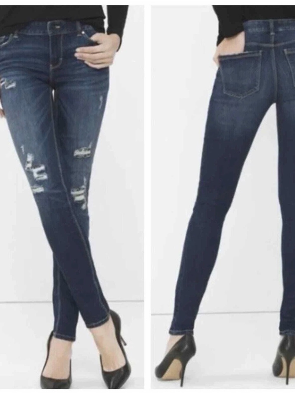 White House Black Market Women's Sequin Dark Wash Distressed Skinny Jean Size 2